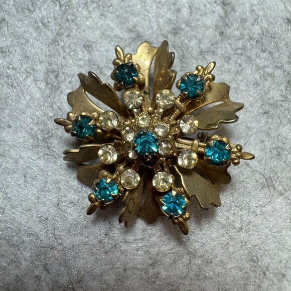 Vintage Gold-Tone Rhinestone Snowflake Brooch Pin With Blue & Clear Crystals - Picture 2 of 5